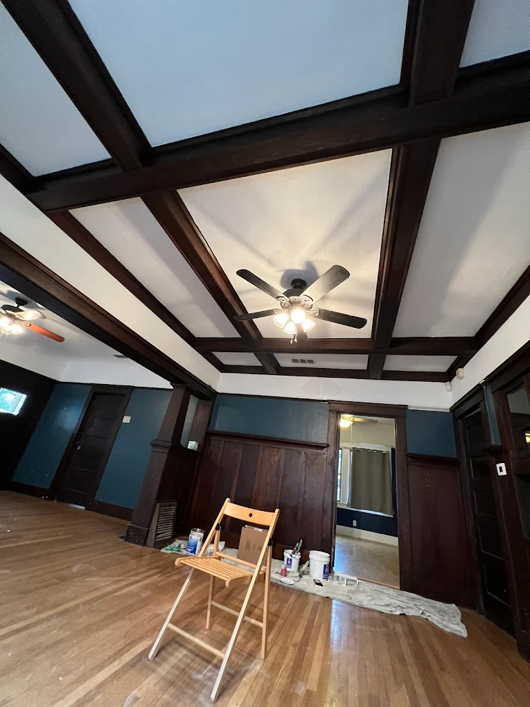 Interior room painting - coffered ceiling with dark beams